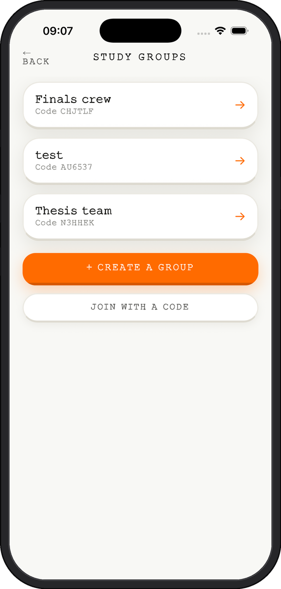 A list of study groups you can join with an invite code