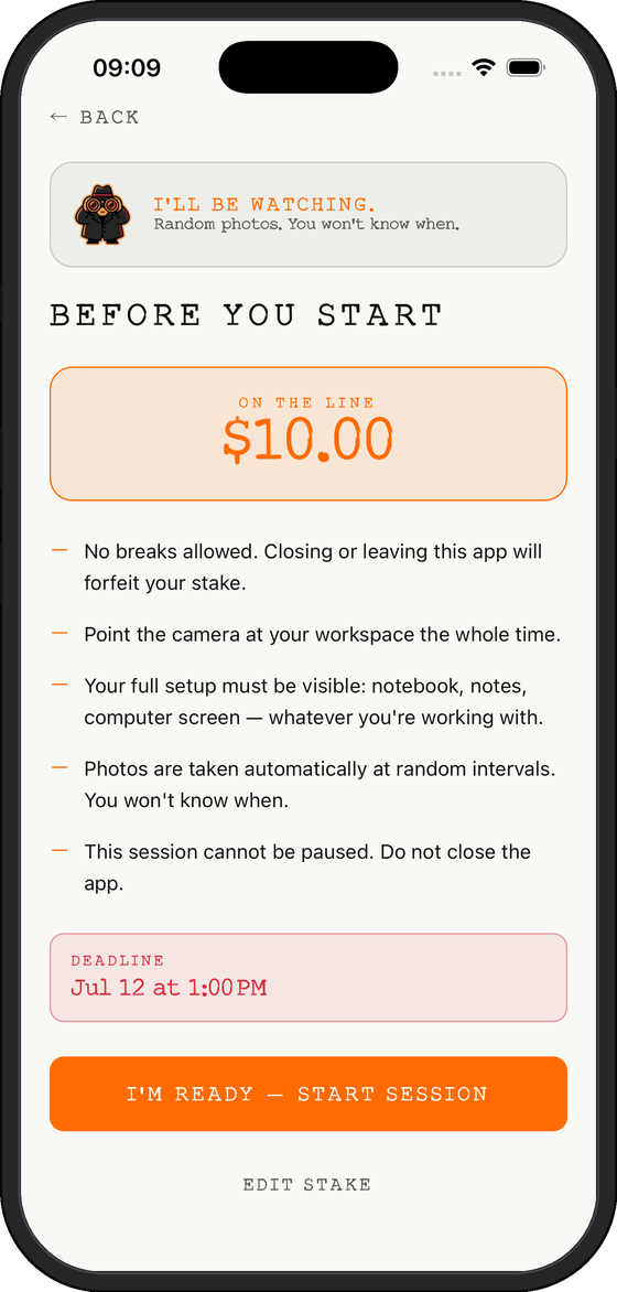 The pre-session screen staking $10 on a focus session