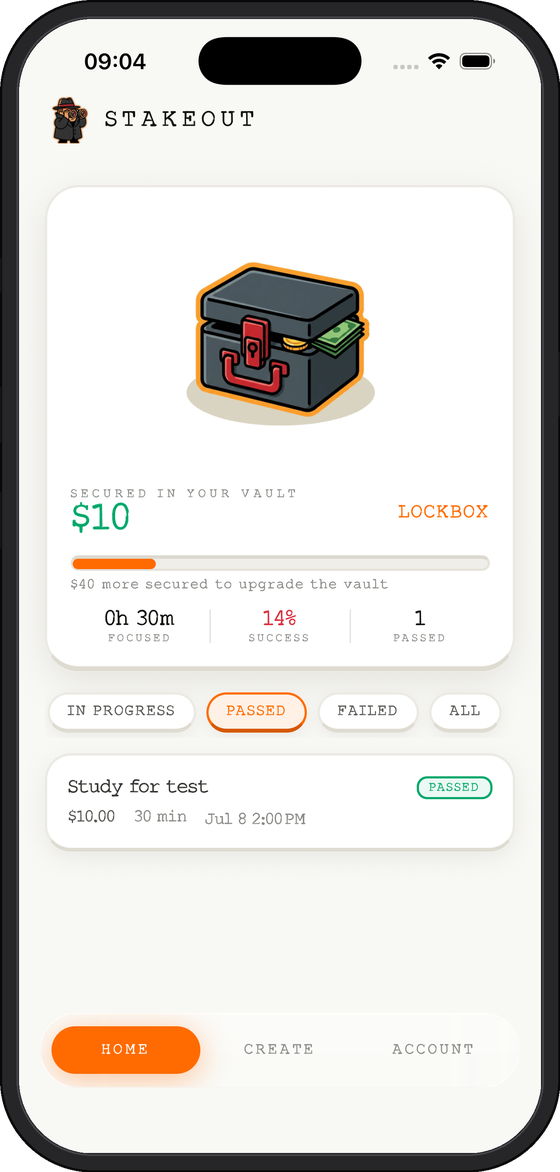 The Stakeout home screen showing money secured in your vault